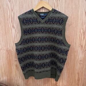 Vintage Polo Ralph Lauren Sweater Vest Wool Fair Isle Green Maroon Blue Large